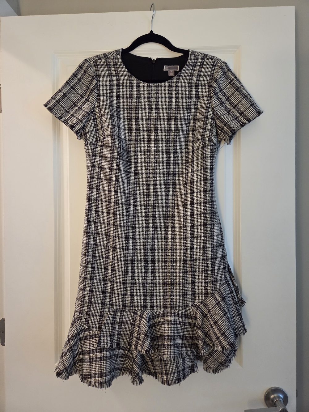 Chelsea28 Black White Plaid Tweed Fringe Hem Dress Size 4